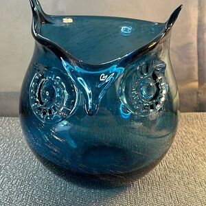 Blown Glass Owl Bowl Vase - Blue